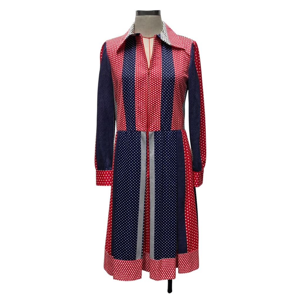 Vintage Anjac Fashions Womens Polka Dot Stripe 70s Style Collared Zip Dress